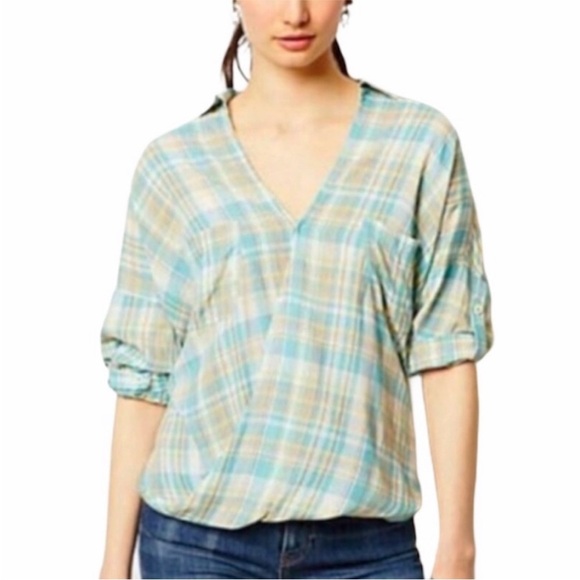 Holding Horses • Wildacre Blue Green Plaid Crossover Shirt - Picture 1 of 5